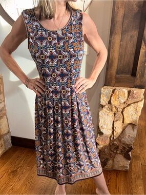 Max Studio Navy Floral Mosaic Sleeveless Midi Dress